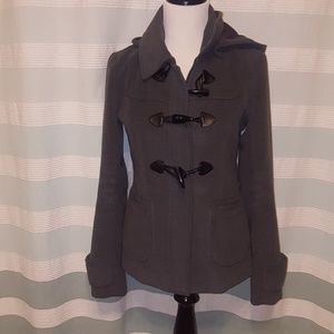 Gray coat with toggle and zip closure (and a hood)